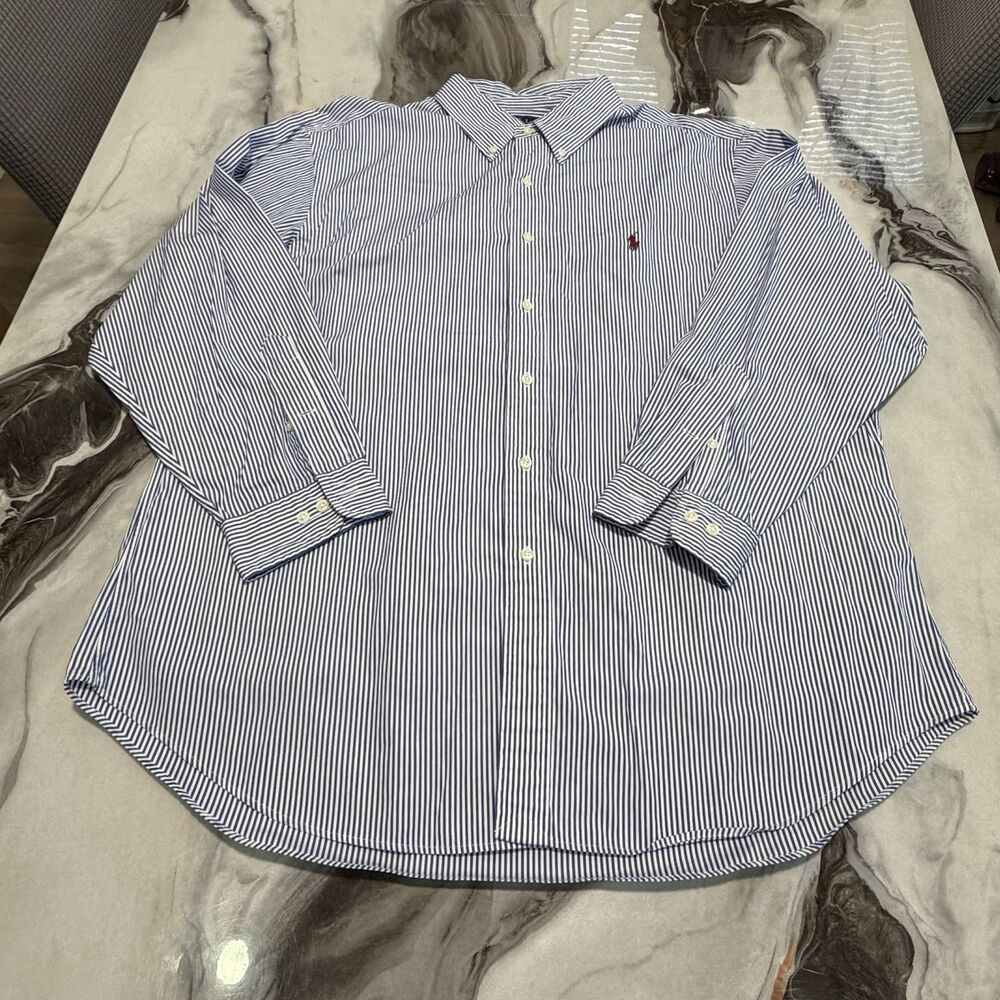Polo Ralph Lauren Shirt Mens 17.5 32/33 Classic Fit Blue White Stripe Red Pony